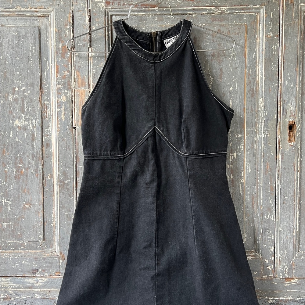 VINTAGE Bernard Sport Black Denim Contrast Stitching Halter Midi Dress, Size 4